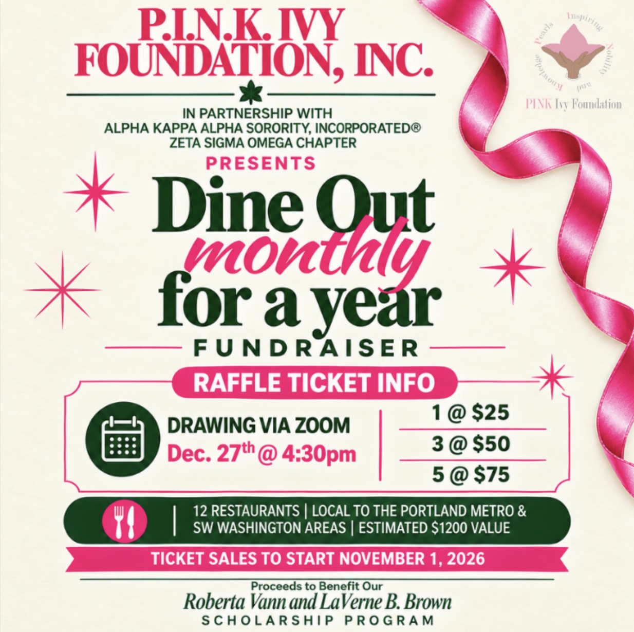 Dine Out Monthly for a Year Fundraiser Flyer